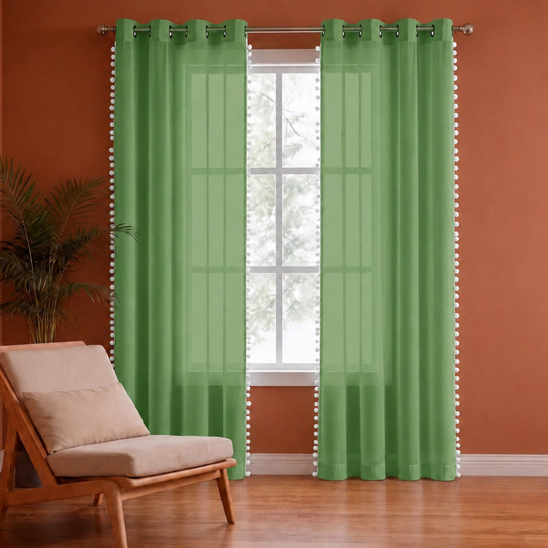 Fort Handpicked Breeze - White PomPom Border Solid Sheer Curtain (Mint Green)-1