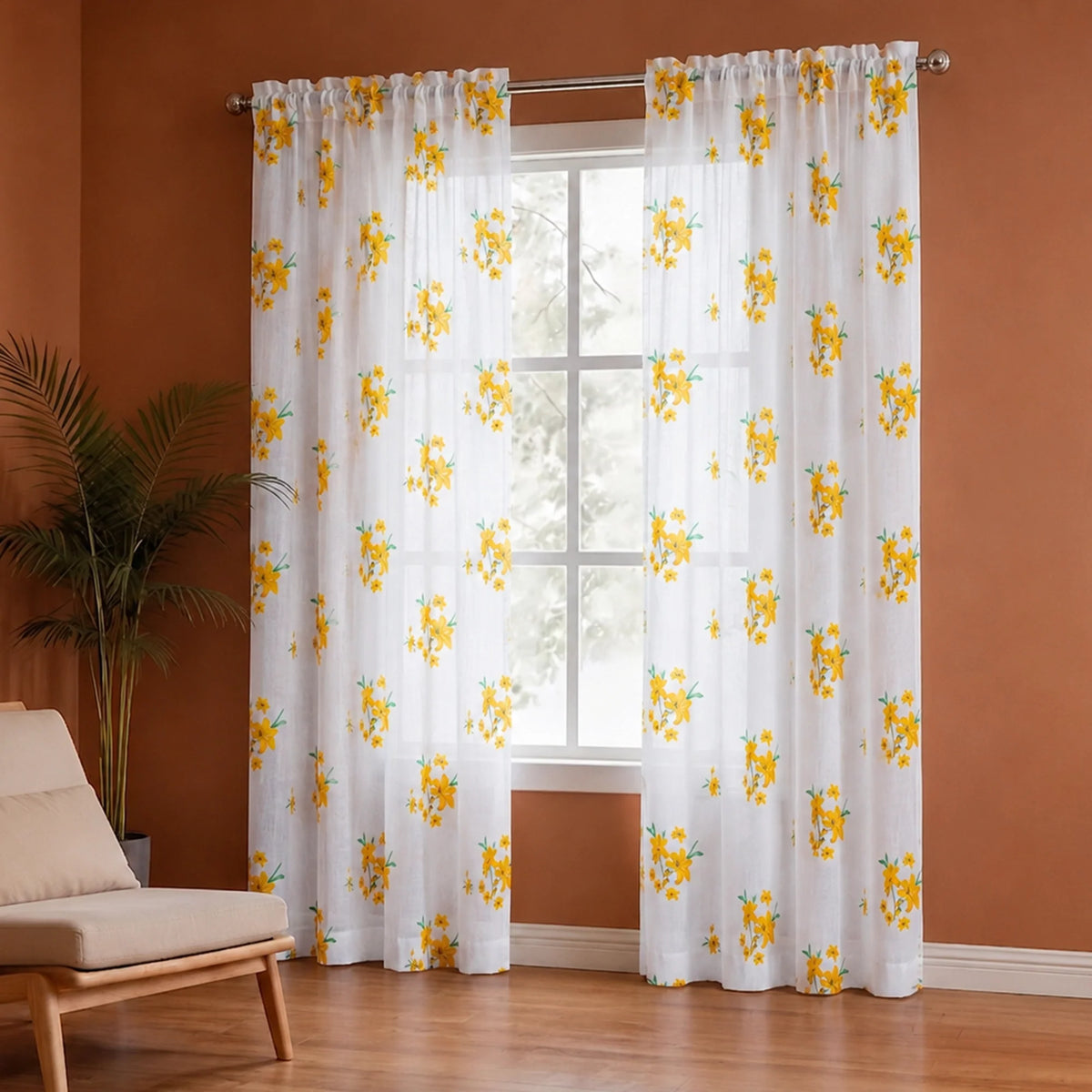 Imprimer Gleamflora - Flower Printed Rod Pocket Sheer Curtain (Yellow)-1