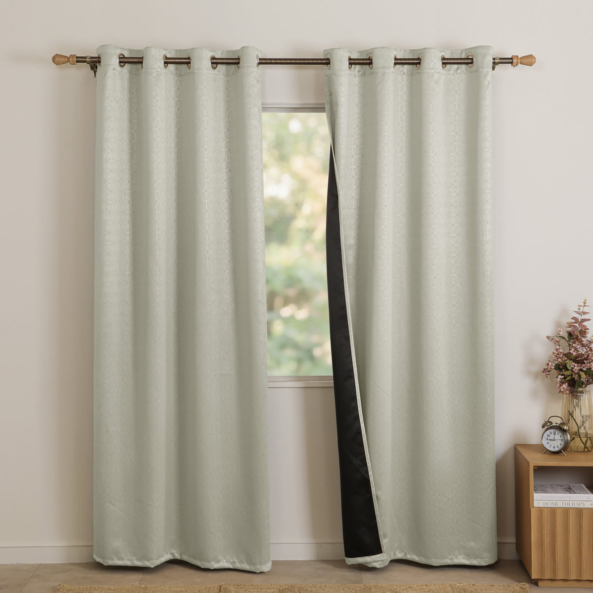 Off White Embossed Blackout Curtain (Elara - Eyelets)-1