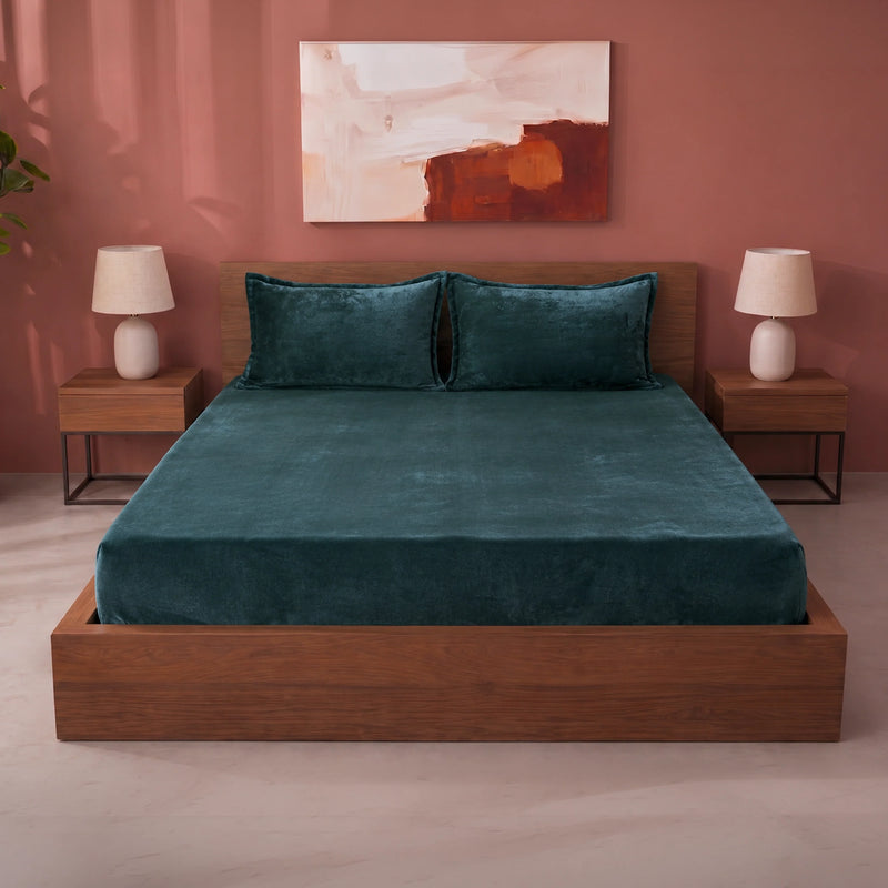 Homemonde Lightweight - Fleece Fitted Bedsheet (Emerald Green)-1