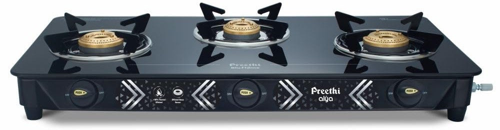 Preethi Alya Glass Top 3 Burner Gas Stove, Manual Ignition, Black with Bati Stand