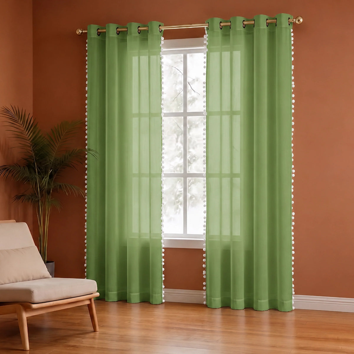Fort Handpicked Breeze - White PomPom Border Solid Sheer Curtain (Mint Green)-2