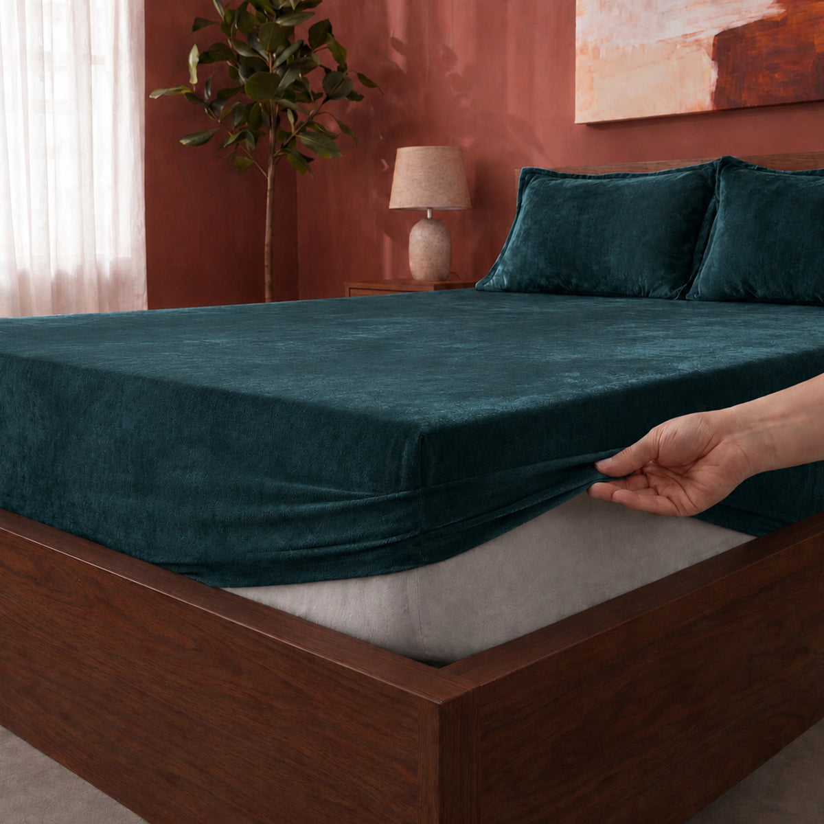 Homemonde Lightweight - Fleece Fitted Bedsheet (Emerald Green)-2
