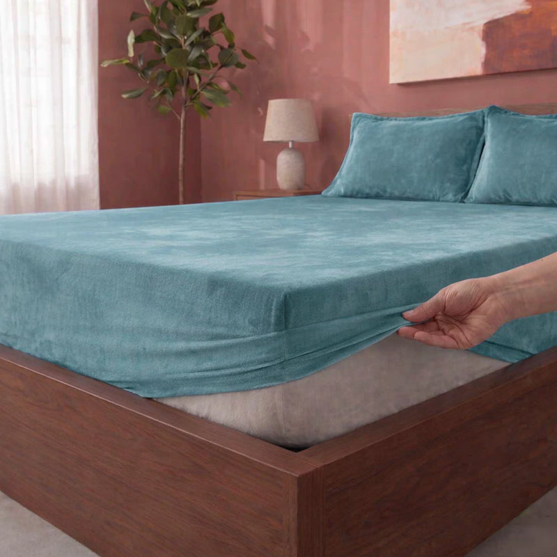 Homemonde Lightweight - Fleece Fitted Bedsheet (Frost Blue)-2
