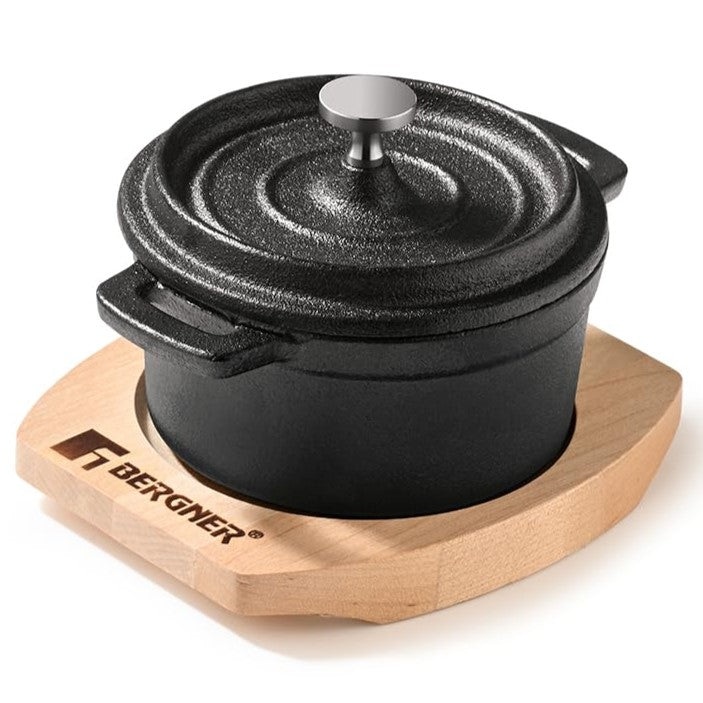 BERGNER Cook & Share 10cm Cast Iron Mini Casserole with Lid, Pre-Seasoned Cast Iron, Cook/Serve, for Dum Biryani/Pulao/S
