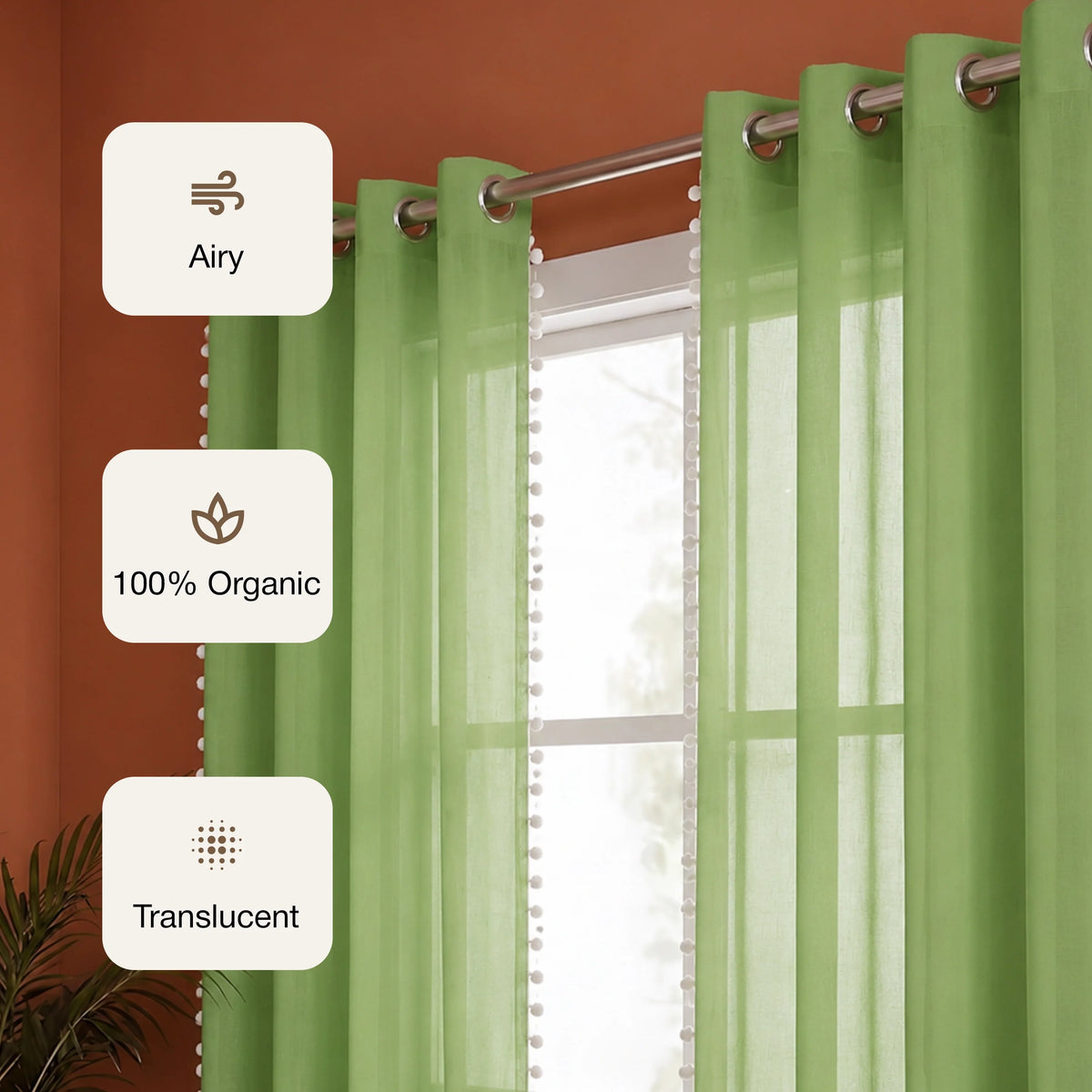 Fort Handpicked Breeze - White PomPom Border Solid Sheer Curtain (Mint Green)-3