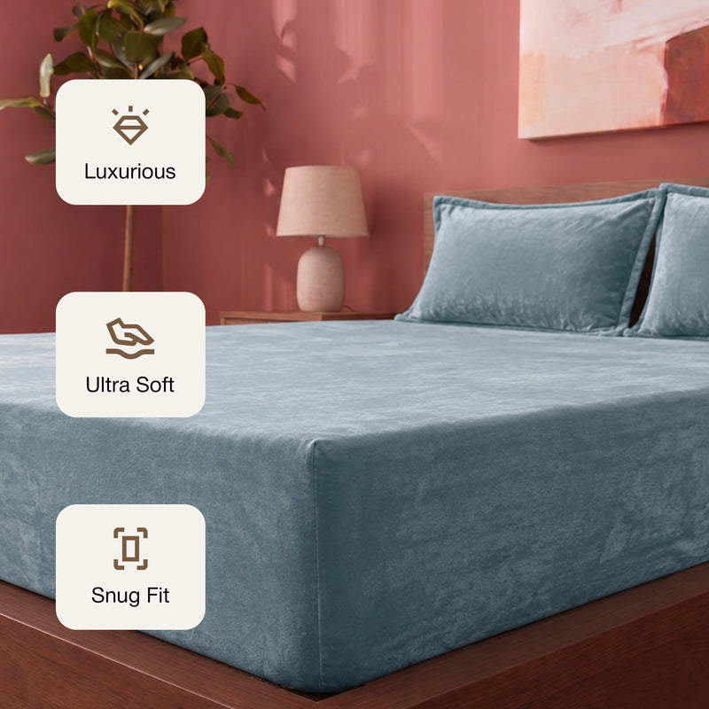 Homemonde Lightweight - Fleece Fitted Bedsheet (Frost Blue)-3