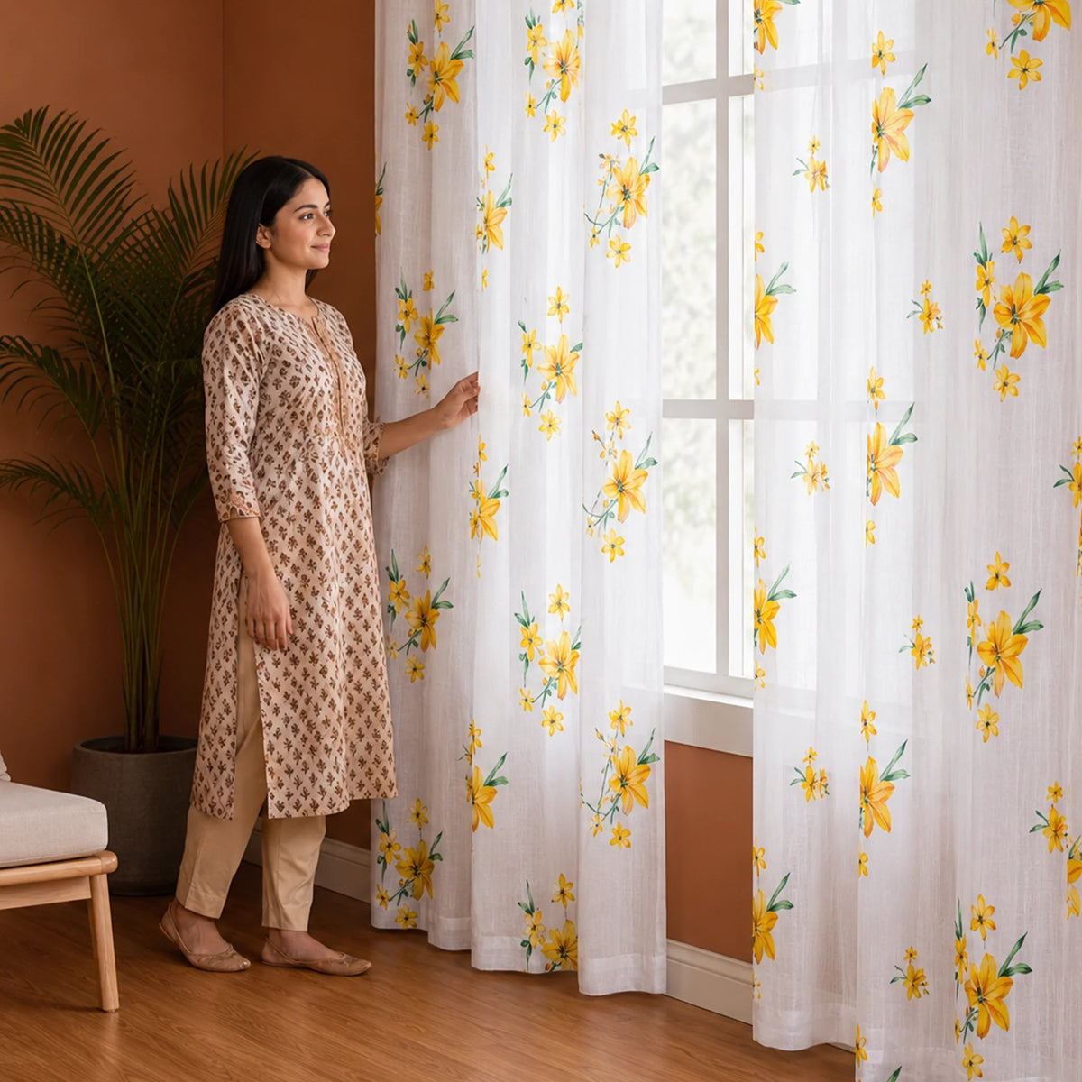 Imprimer Gleamflora - Flower Printed Eyelet Curtain (Yellow)-5