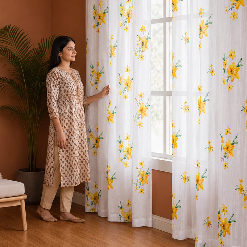 Imprimer Gleamflora - Flower Printed Rod Pocket Sheer Curtain (Yellow)-5