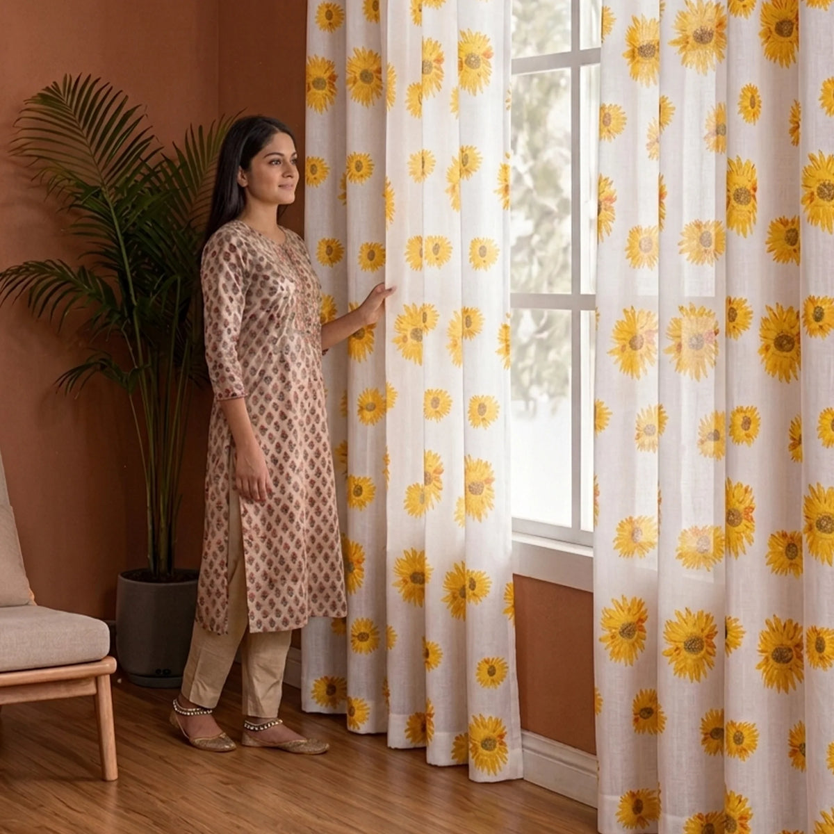 Imprimer Blooming Sunflowers - Printed Rod Pocket Sheer Curtain-3