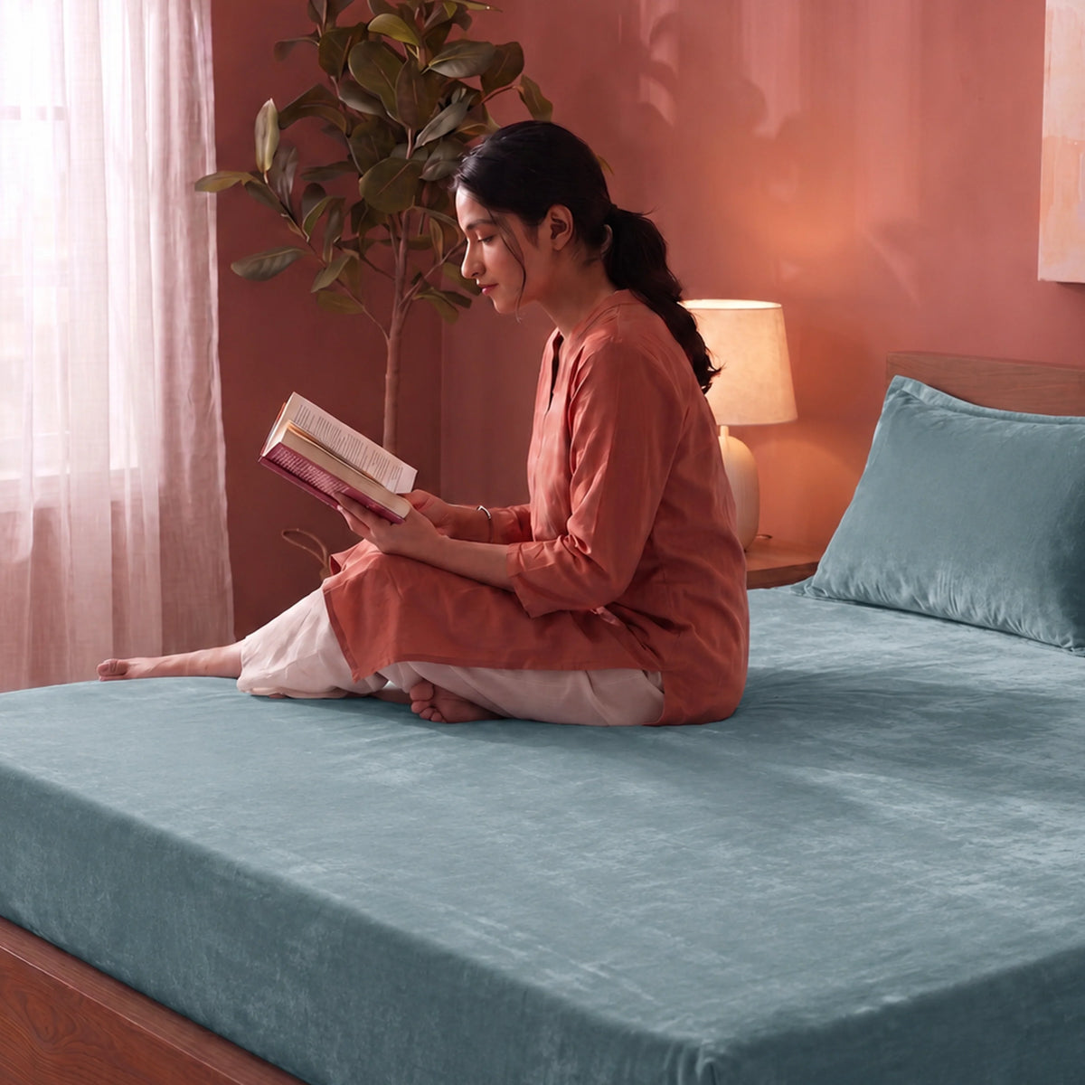 Homemonde Lightweight - Fleece Fitted Bedsheet (Frost Blue)-4