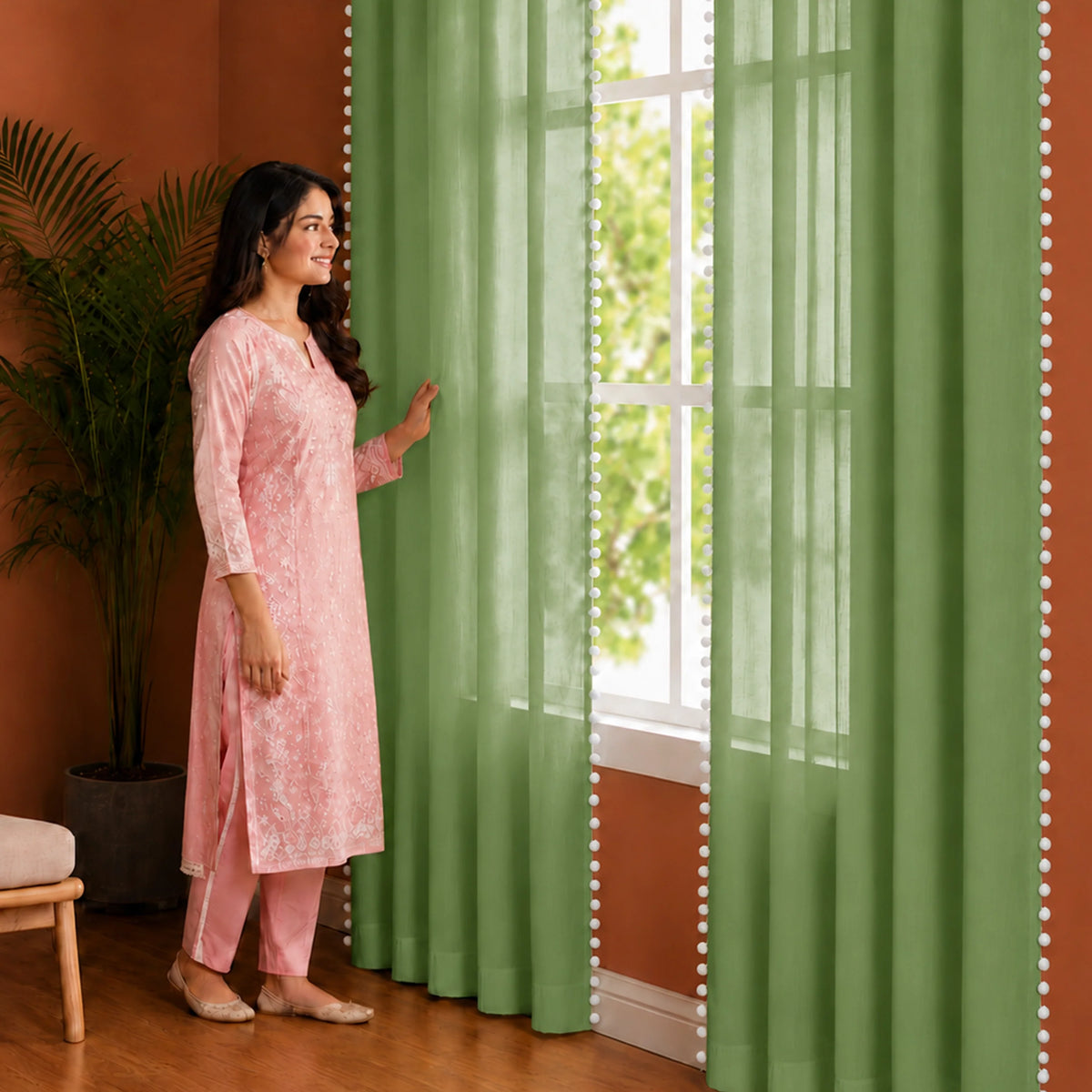 Fort Handpicked Breeze - White PomPom Border Solid Sheer Curtain (Mint Green)-4