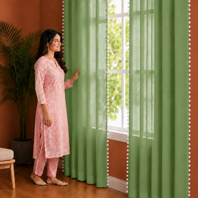 Fort Handpicked Breeze - White PomPom Border Solid Sheer Curtain (Mint Green)-4
