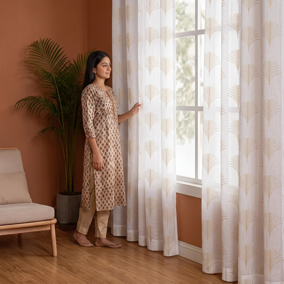 Imprimer Palmetto Plume - Gold Tree Printed Eyelet Sheer Curtain-3