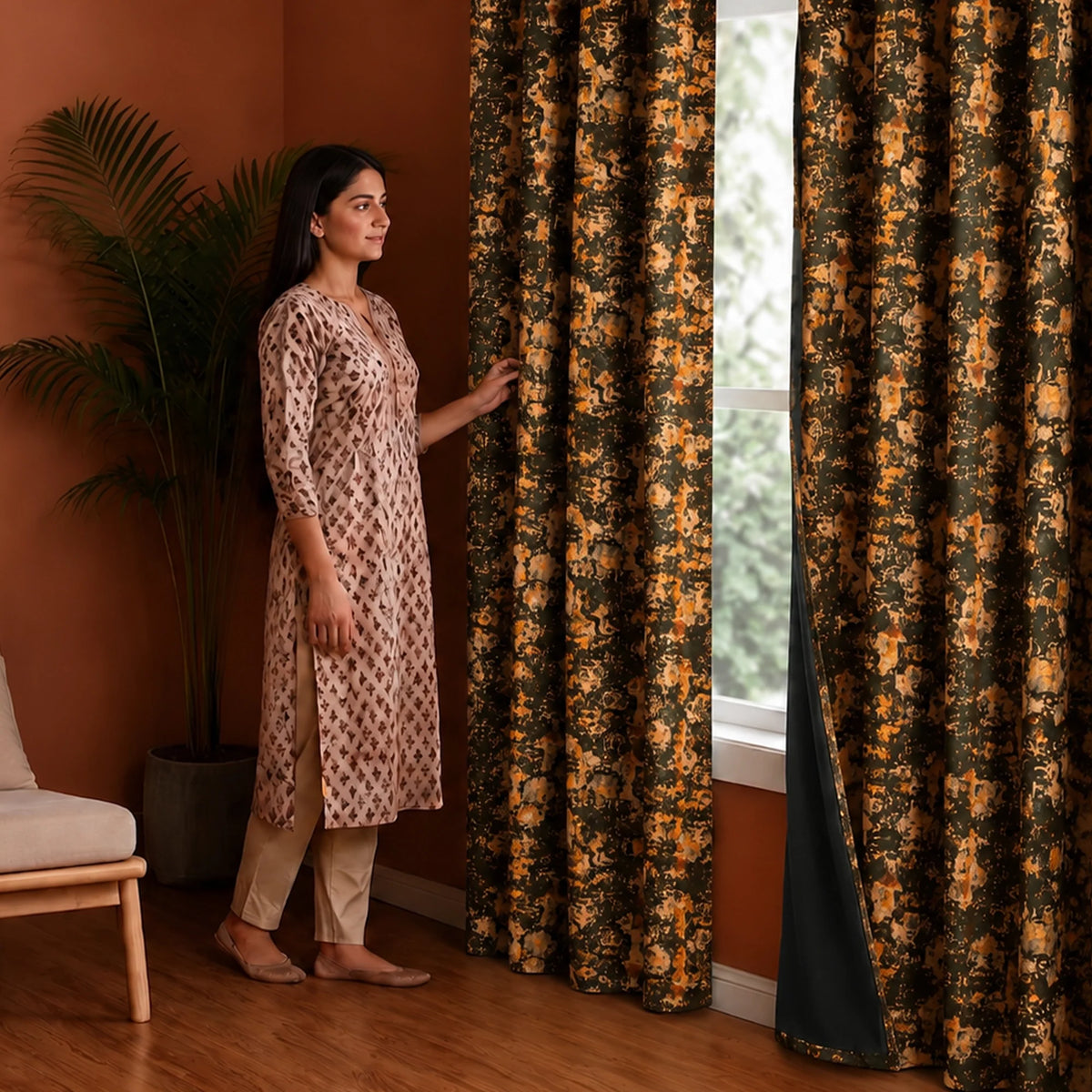 Imprimer Abstract - Digital Printed Blackout Curtain (Black & Mustard)-5