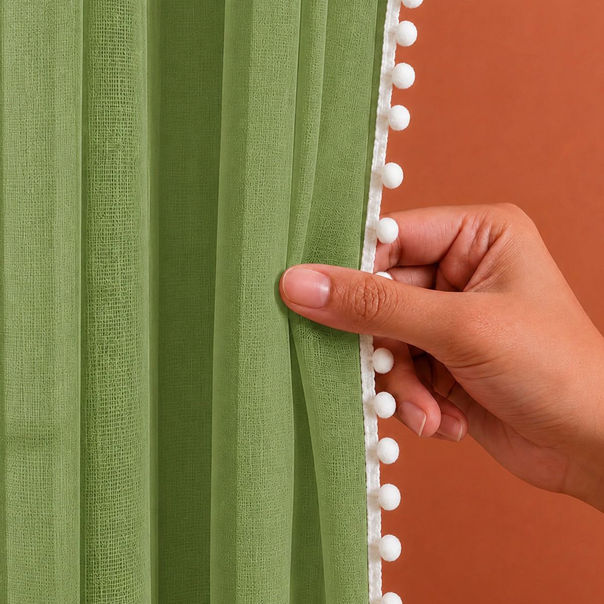 Fort Handpicked Breeze - White PomPom Border Solid Sheer Curtain (Mint Green)-5