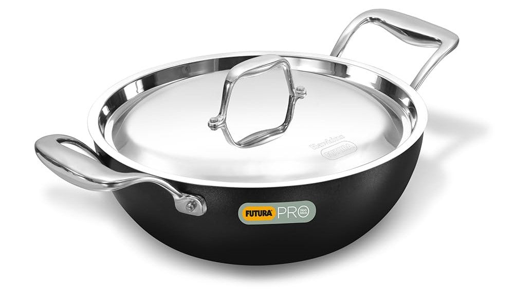 Hawkins Futura Pro 2.5 Litre Deep-Fry Pan, Nonstick Kadhai with Stainless Steel Handles and Stainless Steel Lid, Balck (