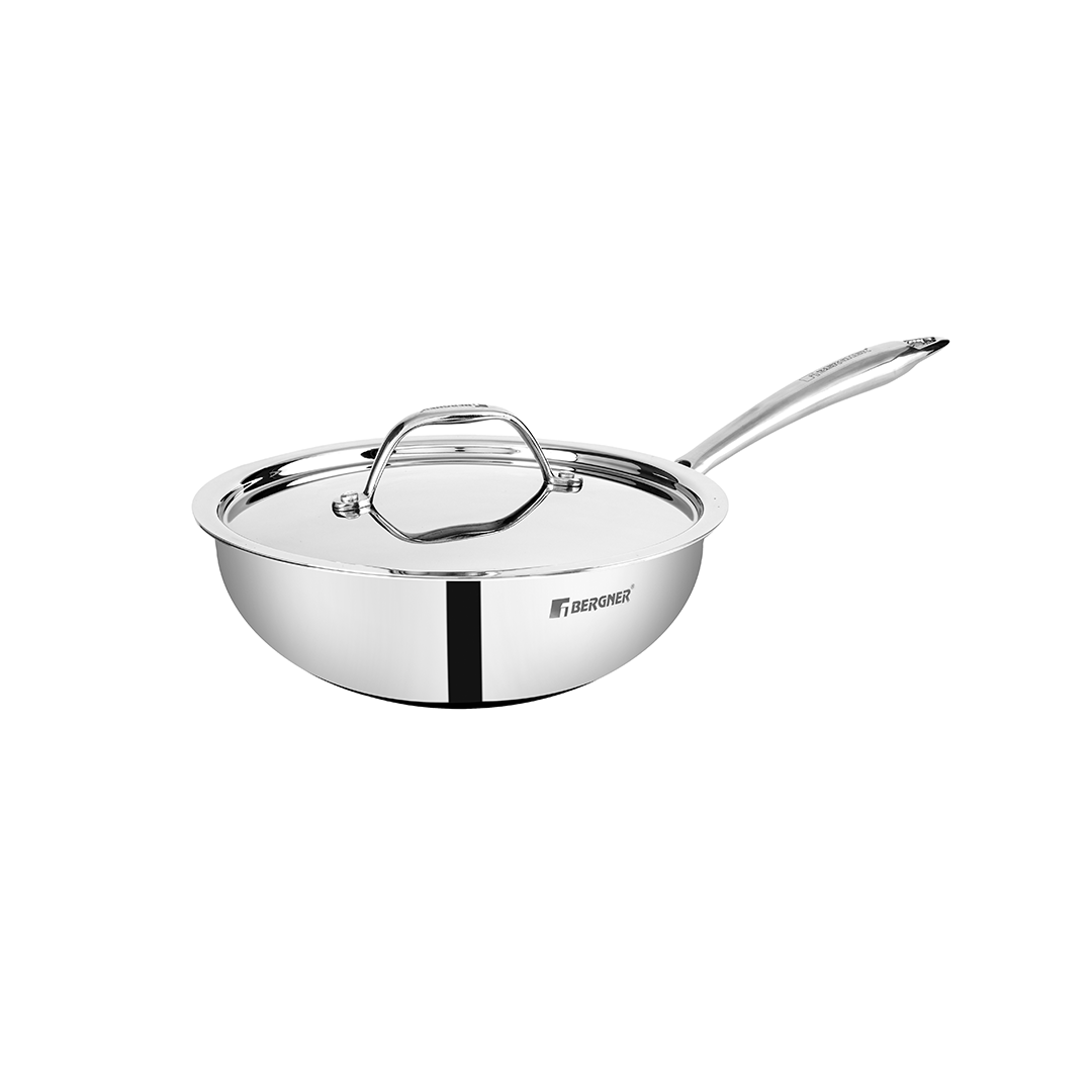 Bergner Argent-Mini Triply Stainless Steel Wok/Chinese Kadai, 18 cm, Induction Bottom, Gas Ready, Silver