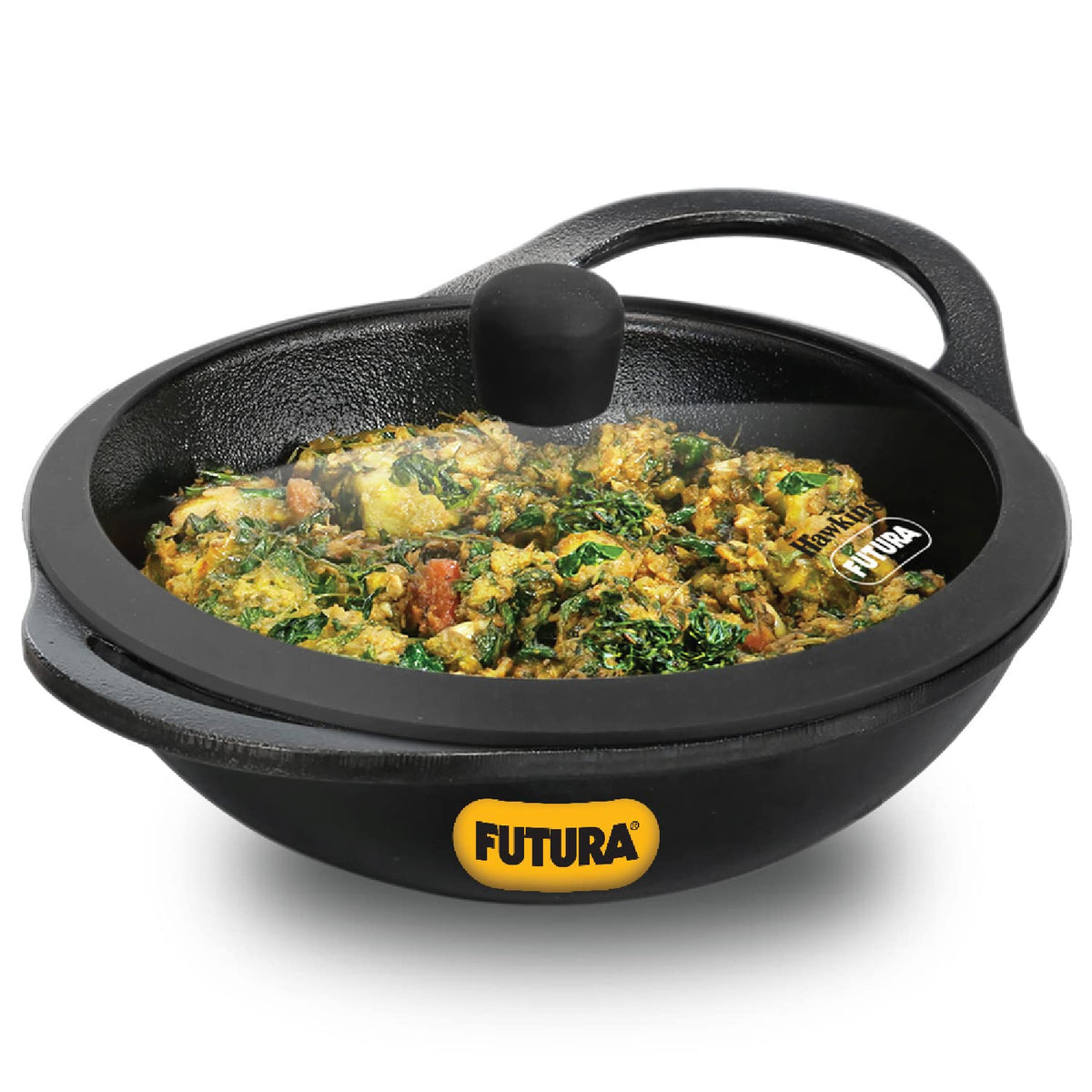 Hawkins Futura 2 Litre Cast Iron Kadhai, Naturally Nonstick Cast Iron Kadai with Glass Lid, Cast Iron Cookware for Kitch