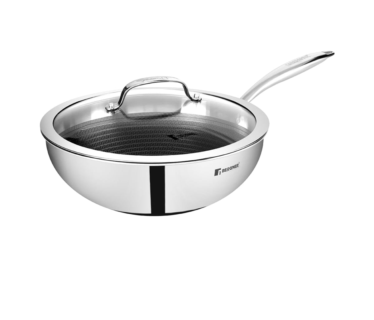Bergner Hitech Triply Stainless Steel Kadai/Wok, Non Stick Prism Technology, Induction Bottom, Gas Ready, Metal Spatula 