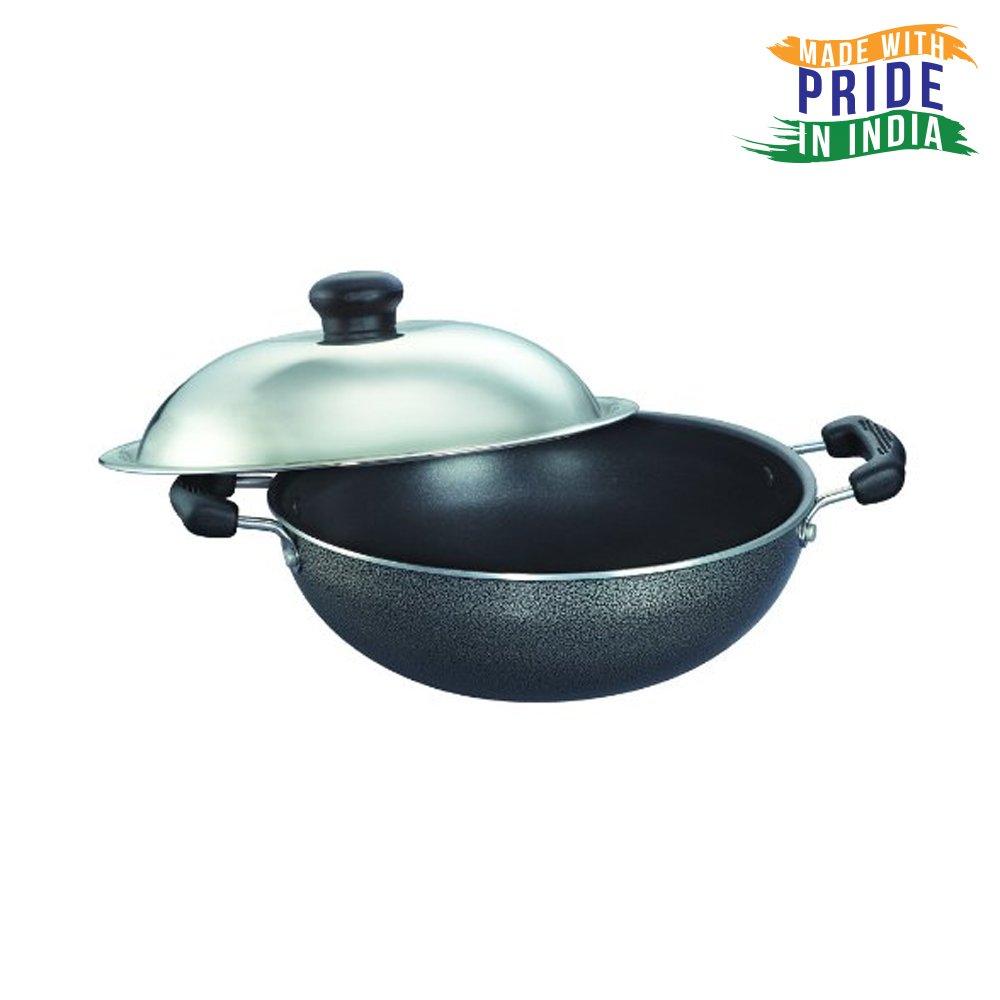 Prestige Aluminium Omega Select Plus Non-Stick Round Base Kadai with Lid, Black