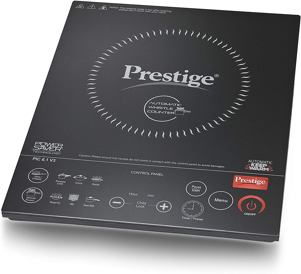 Prestige PIC 6.1 V3 PIC 2200 Watts Induction Cooktop | Black | Automatic Whistle Counter | Feather Touch Buttons | Keep 