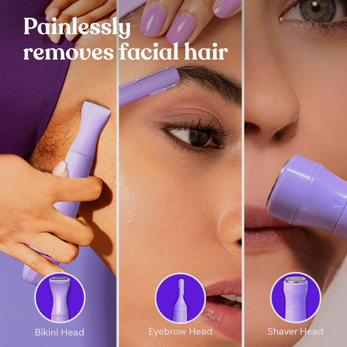 Bombae 6-in-1 Sensitive Trimmer for Women with 3 heads Trimmer 90 min Runtime 3 Length Settings (Purple)