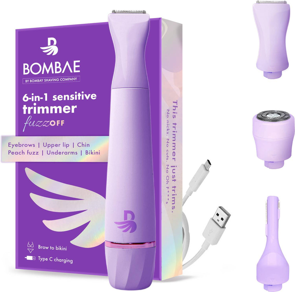 Bombae 6-in-1 Sensitive Trimmer for Women with 3 heads Trimmer 90 min Runtime 3 Length Settings (Purple)