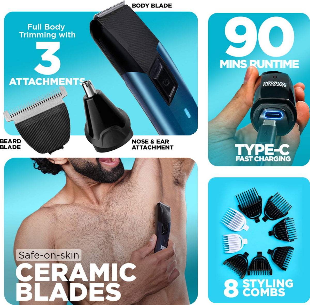 Bombay Shaving Company POWER GROOMER 11-IN-1 Fully Waterproof Trimmer 90 min Runtime 3 Length Settings (Black, Steel)