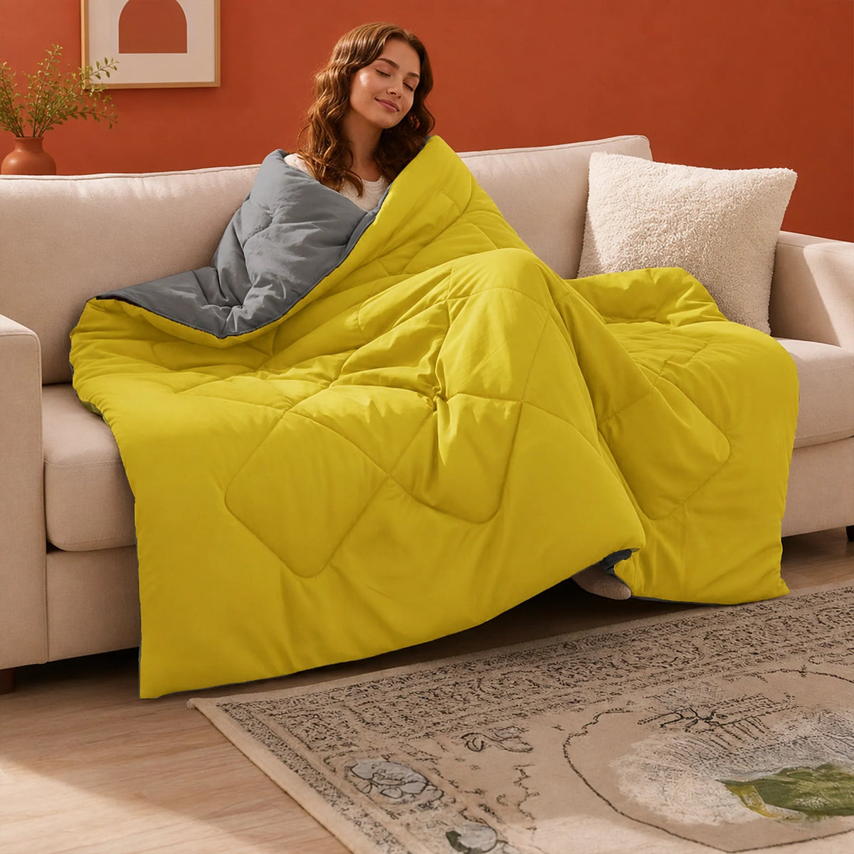 Fort - Box Stitch Duvet Comforter (Mango Yellow & Dark Grey)-1