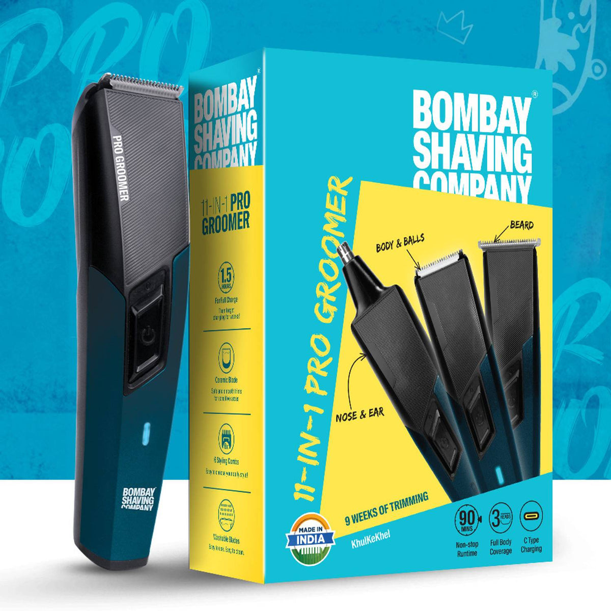 Bombay Shaving Company 11-in-1 Pro Groomer 90-Minute Runtime Full Body Coverage 6 Styling Combs Trimmer 90 min Runtime 7 Length Settings (Black, Blue)