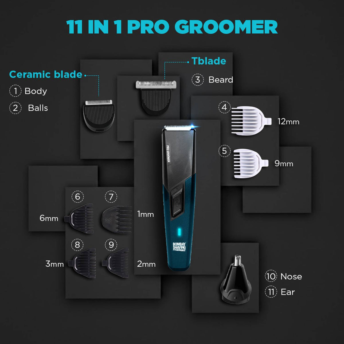 Bombay Shaving Company 11-in-1 Pro Groomer 90-Minute Runtime Full Body Coverage 6 Styling Combs Trimmer 90 min Runtime 7 Length Settings (Black, Blue)