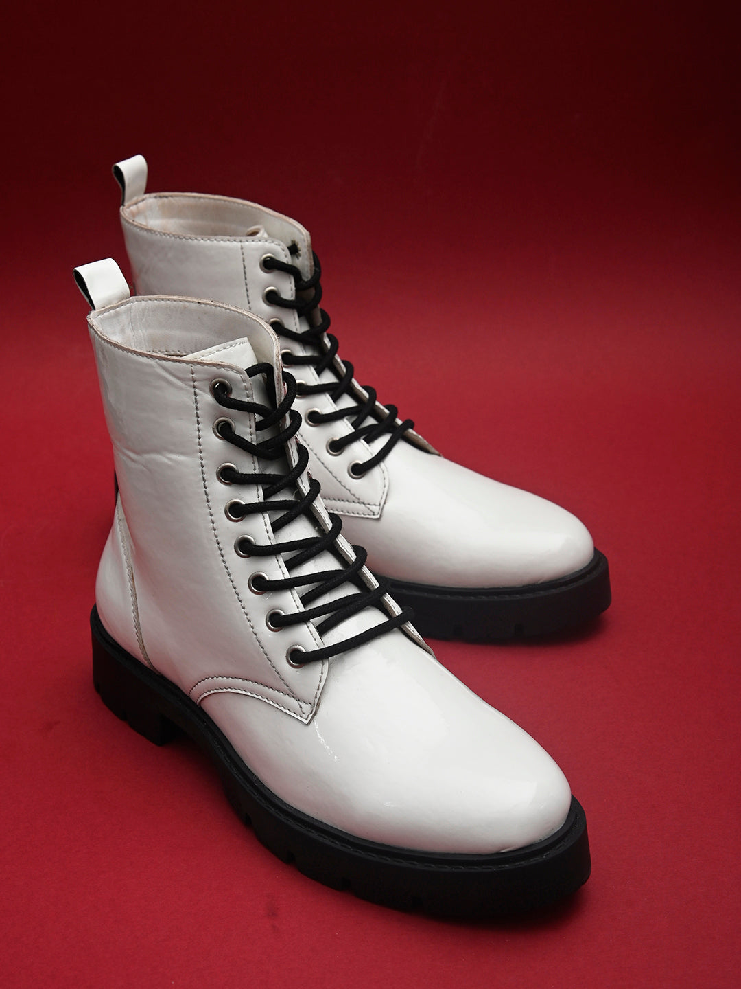 Shiny White Lace-Up Block Heel Boots