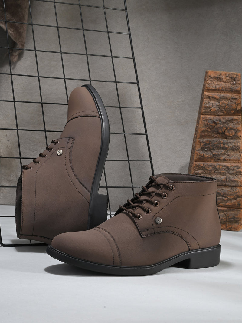 Brown leather lace-up boots with cap toe, sleek design, metal eyelets, and a small brand logo near the ankle.