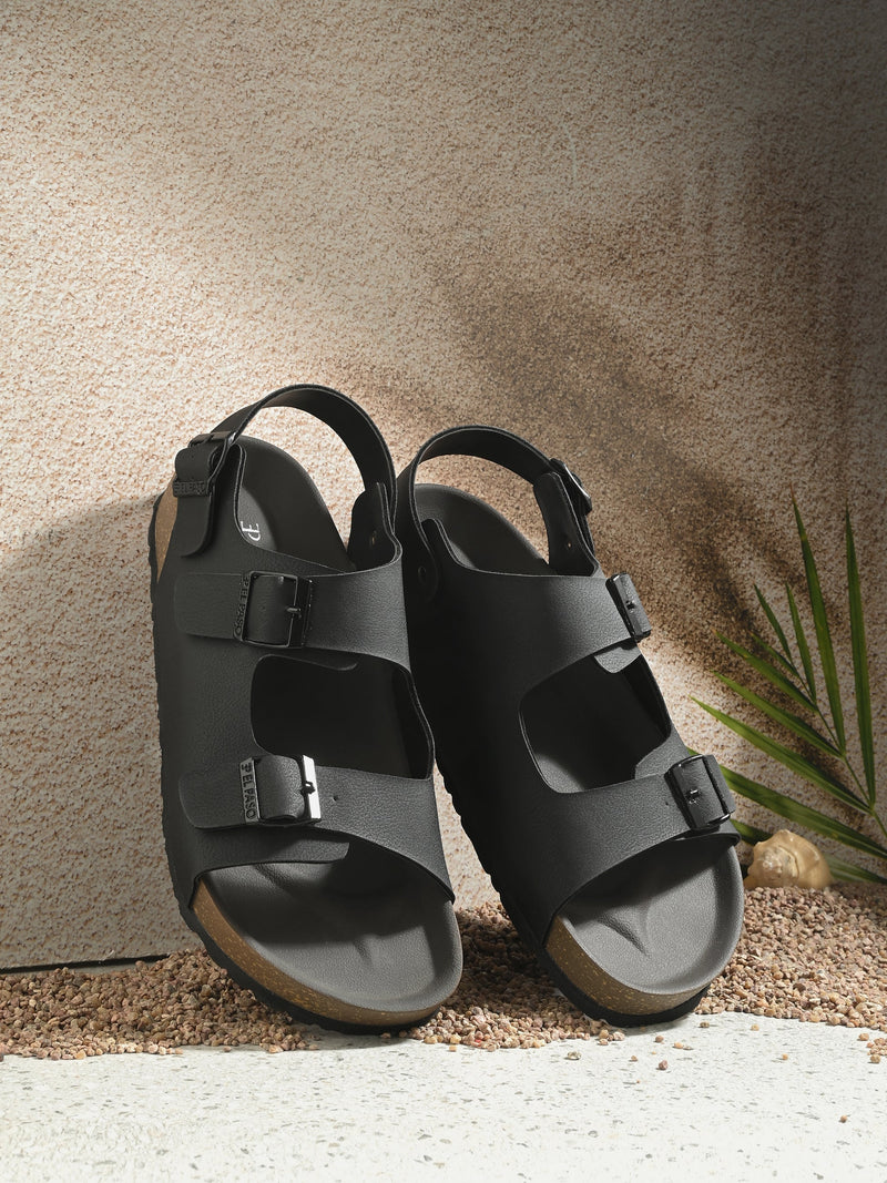 Black Men's casual flat heel buckle strap sandal with back strap closure 