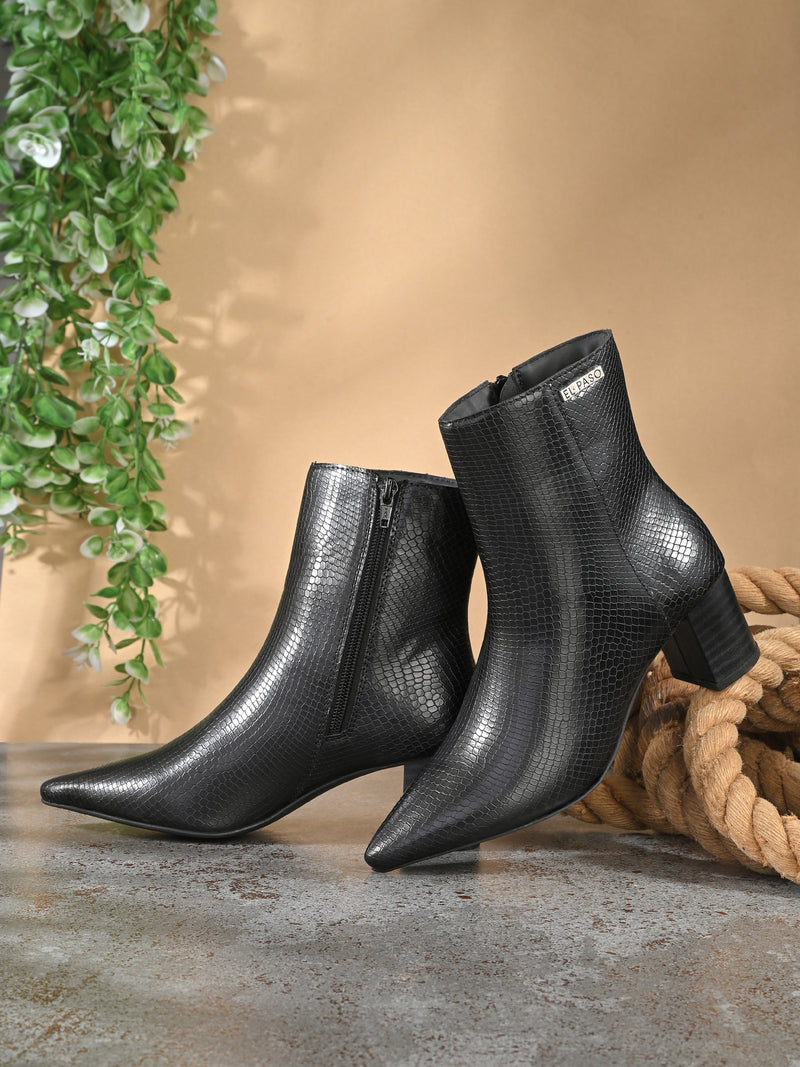 Black textured ankle boots with a sleek snakeskin pattern and a block heel design