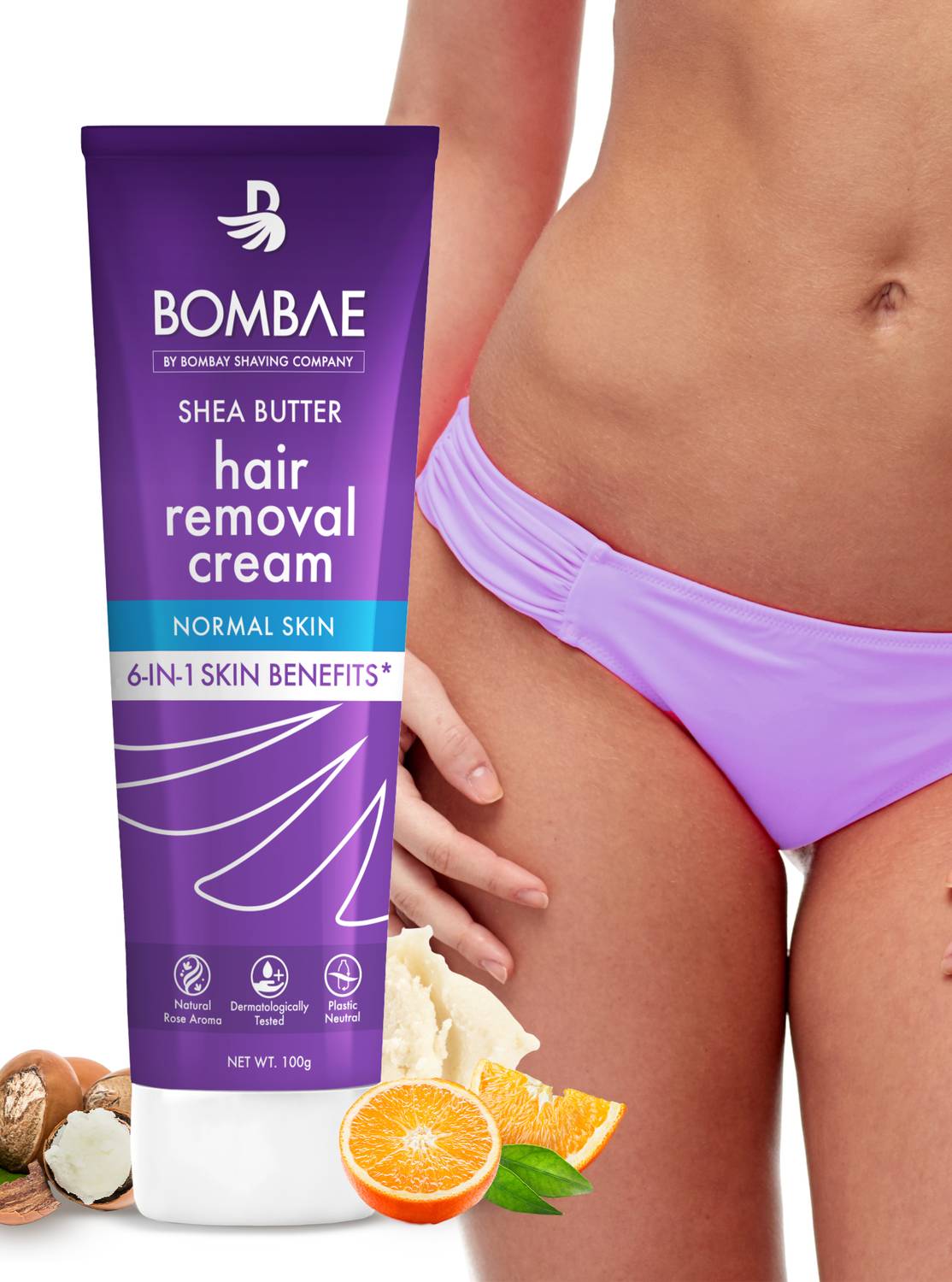 Bombae Hair Removal for Bikini Line, Arms & Legs with Shea Butter & Citrus Aroma Cream (100 g)
