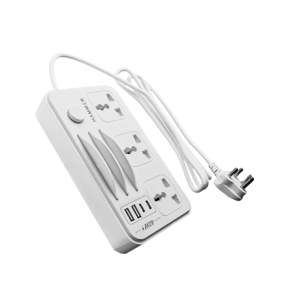 HAMMER Power Strip with 3 Universal Sockets with 2 USB Ports and 2 Type C, 2300W with 1.5m Cable White