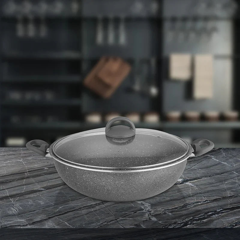 SHRI & SAM NON STICK PRIME STONE KADHAI W/GLASS LID 22 CM