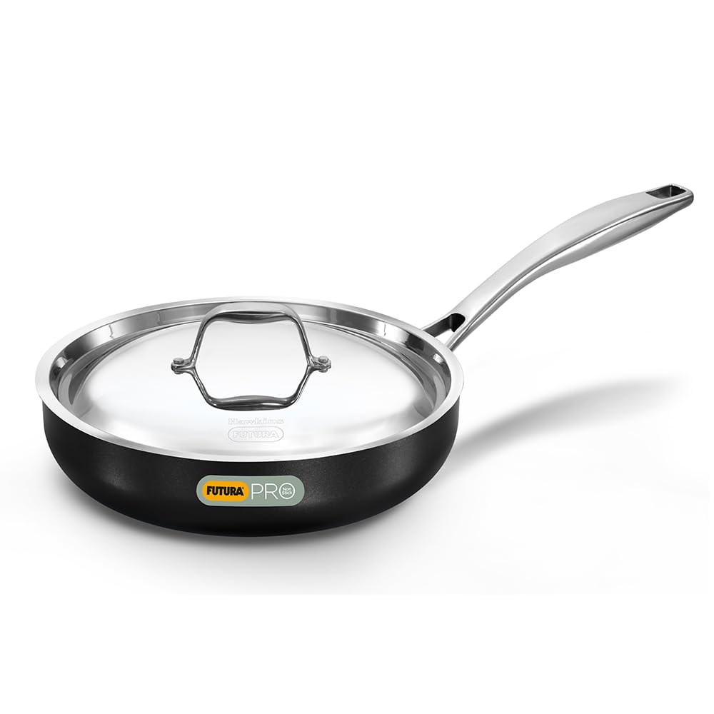 Hawkins Futura Pro 22 cm Frying Pan, Nonstick Fry Pan with Stainless Steel Handle and Stainless Steel Lid, Black (PNF22S