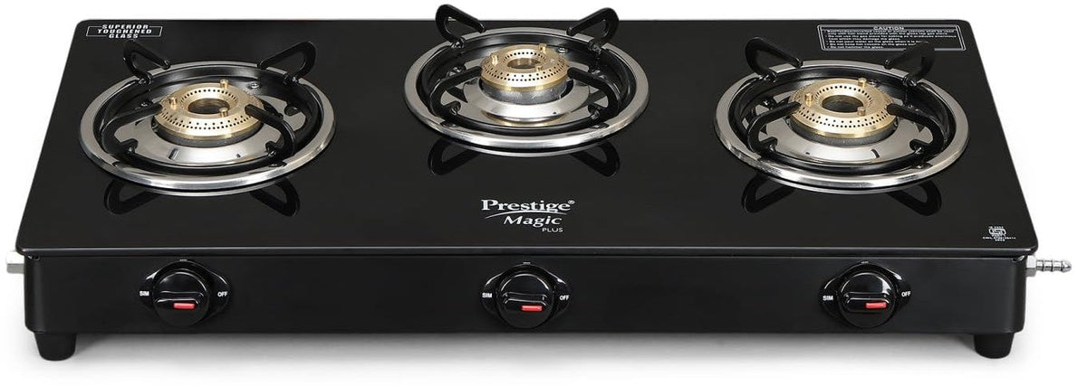Prestige Magic plus Toughened Glass-Top 3 Brass Burner LPG Gas Stove(GTMP-03) | Black Spill Proof Design | Ergonomic Kno