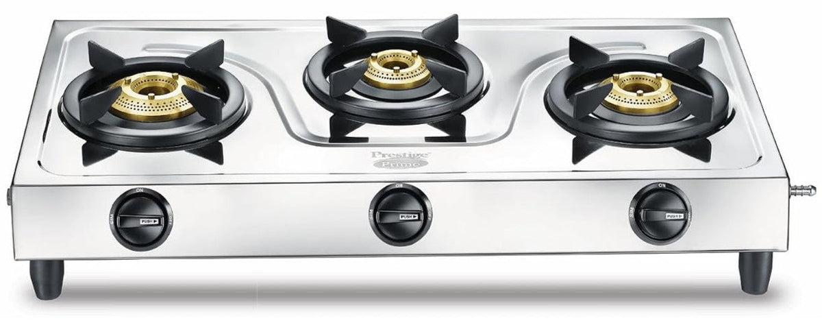 Prestige Prime Jumbo 3B L.P Gas Stove With Stainless Steel Body and 3U Brass Burners Silver | Tri-Pin Burners | Ergonomi