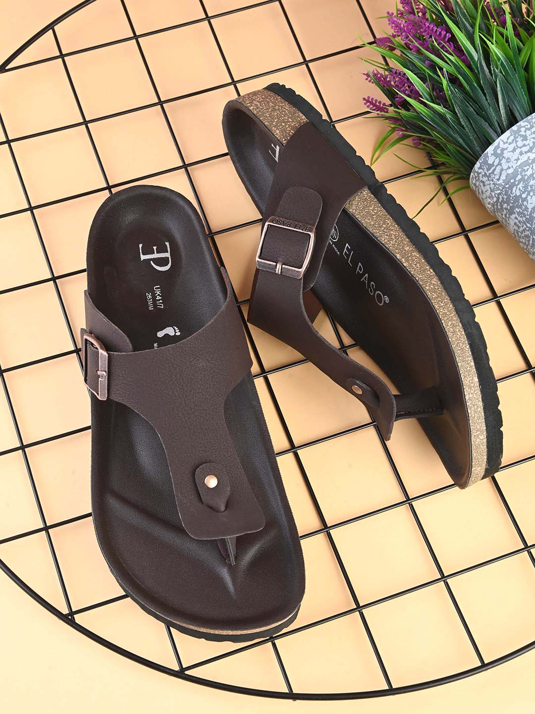 Brown Men's casual flat heel slip-on closure sandal