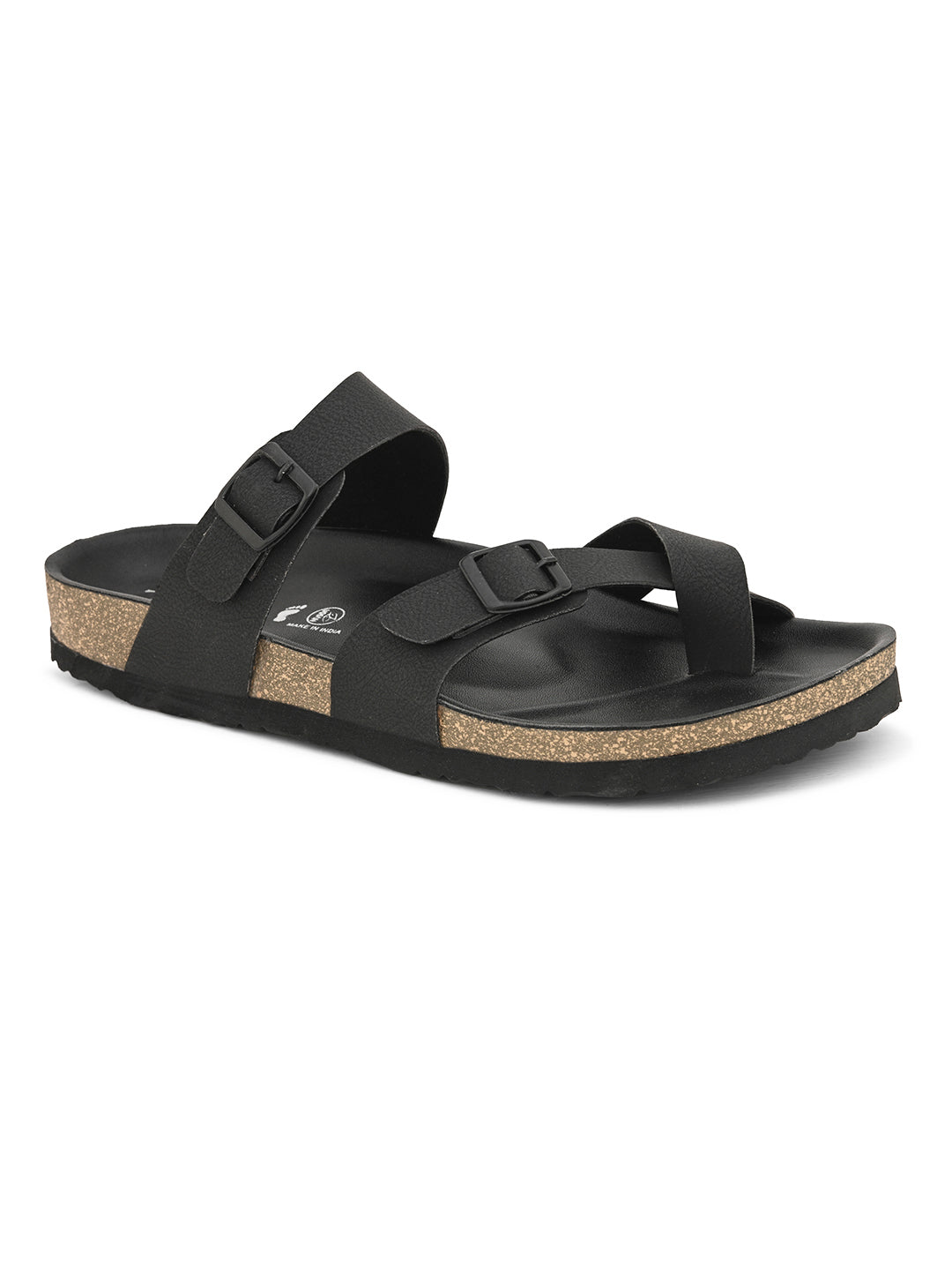 Black Men's Cork Footbed  casual flat heel one-toe strap sandal 