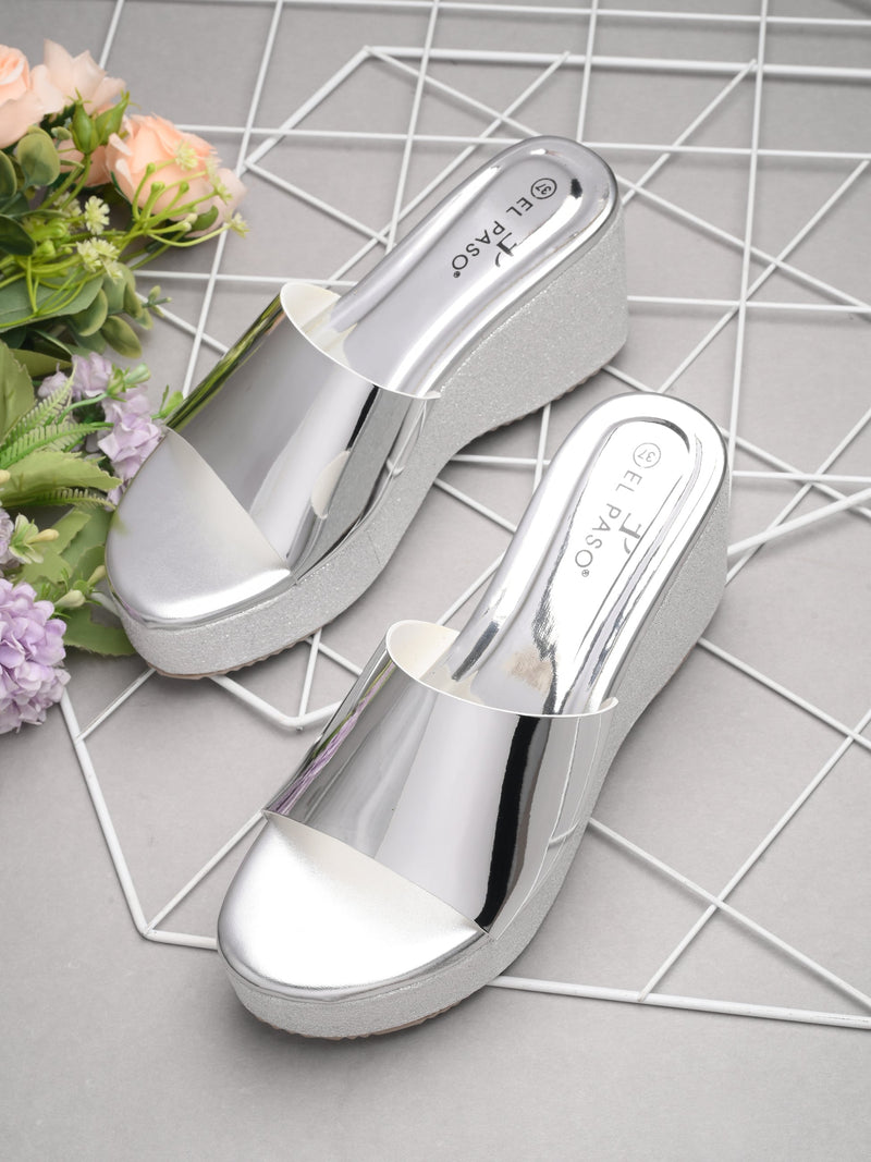 Shiny Metallic Slip-On Wedge Heels For Women