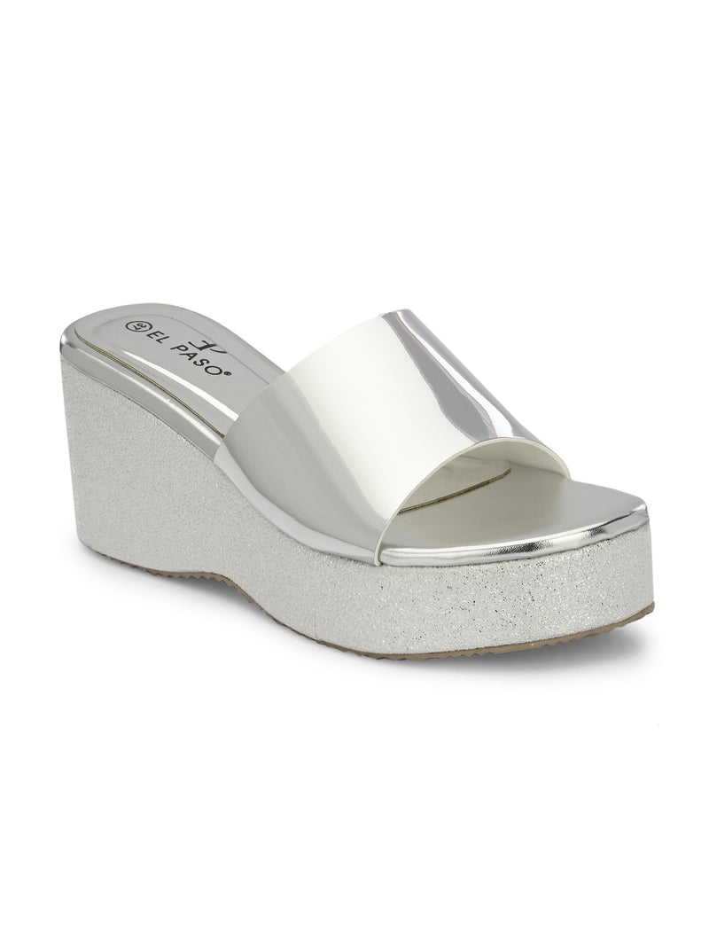 Shiny Metallic Slip-On Wedge Heels For Women