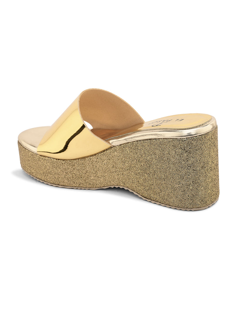 Shiny Metallic Slip-On Wedge Heels For Women