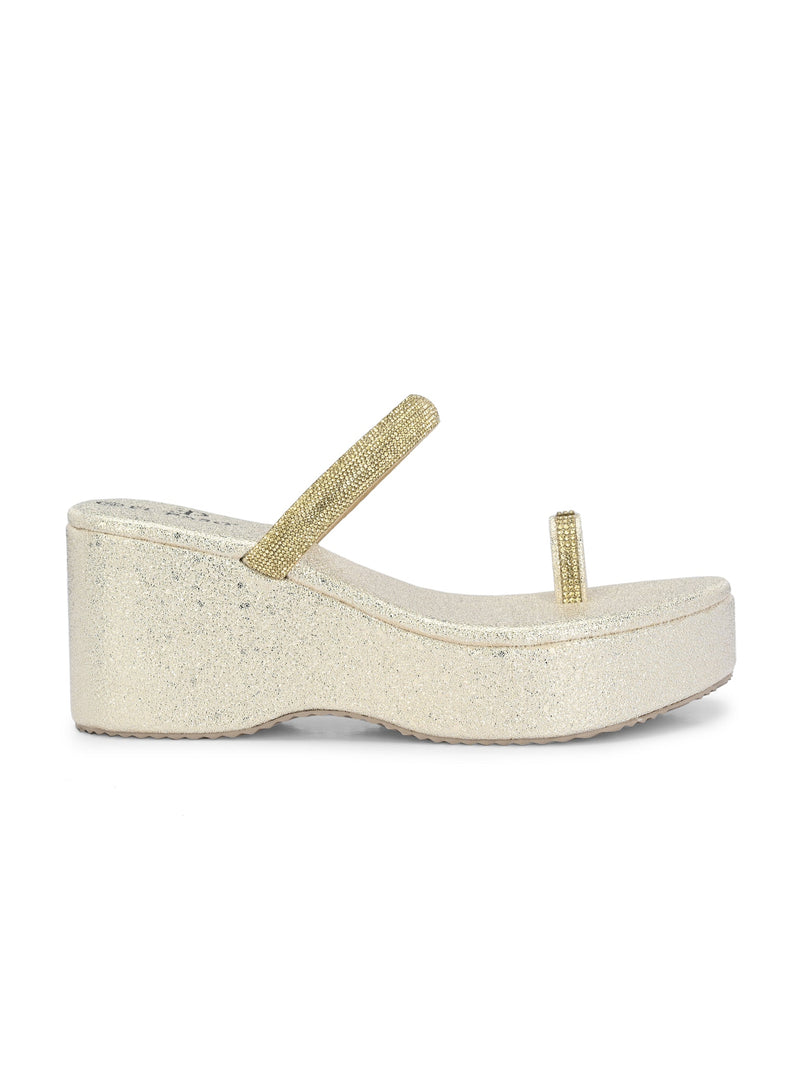 One-Toe Golden Shimmering Wedge Heel For Women