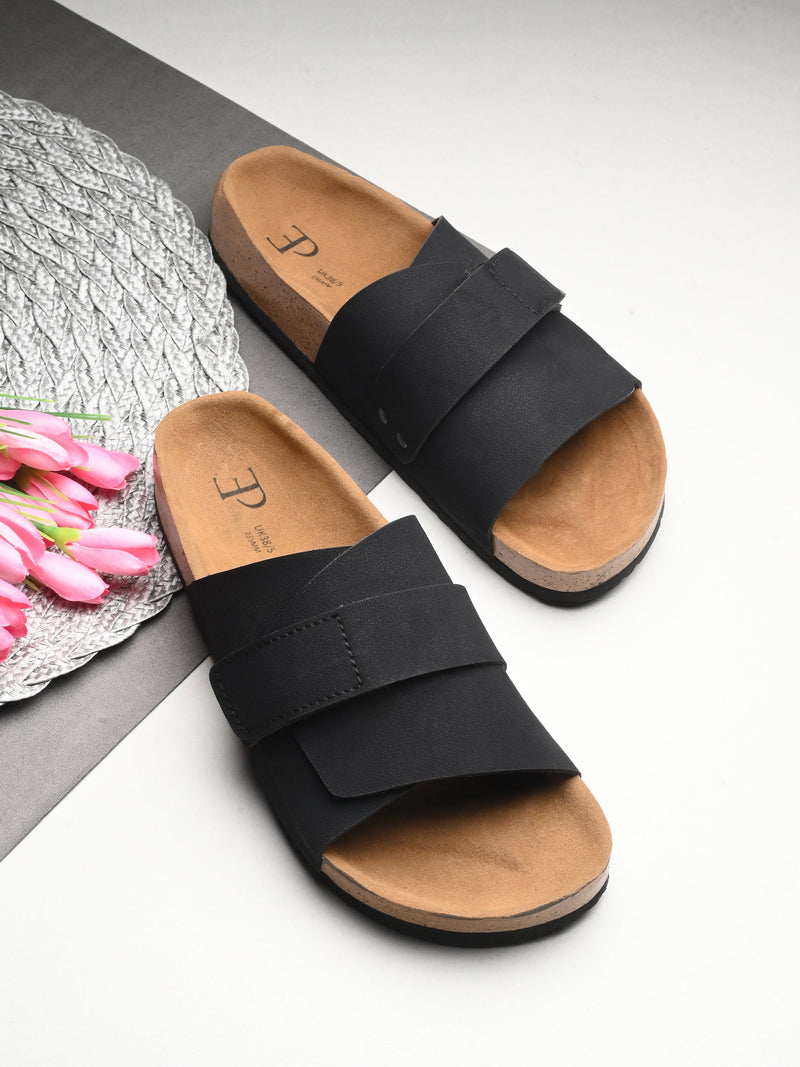 Black Leather Slide Sandal For Women