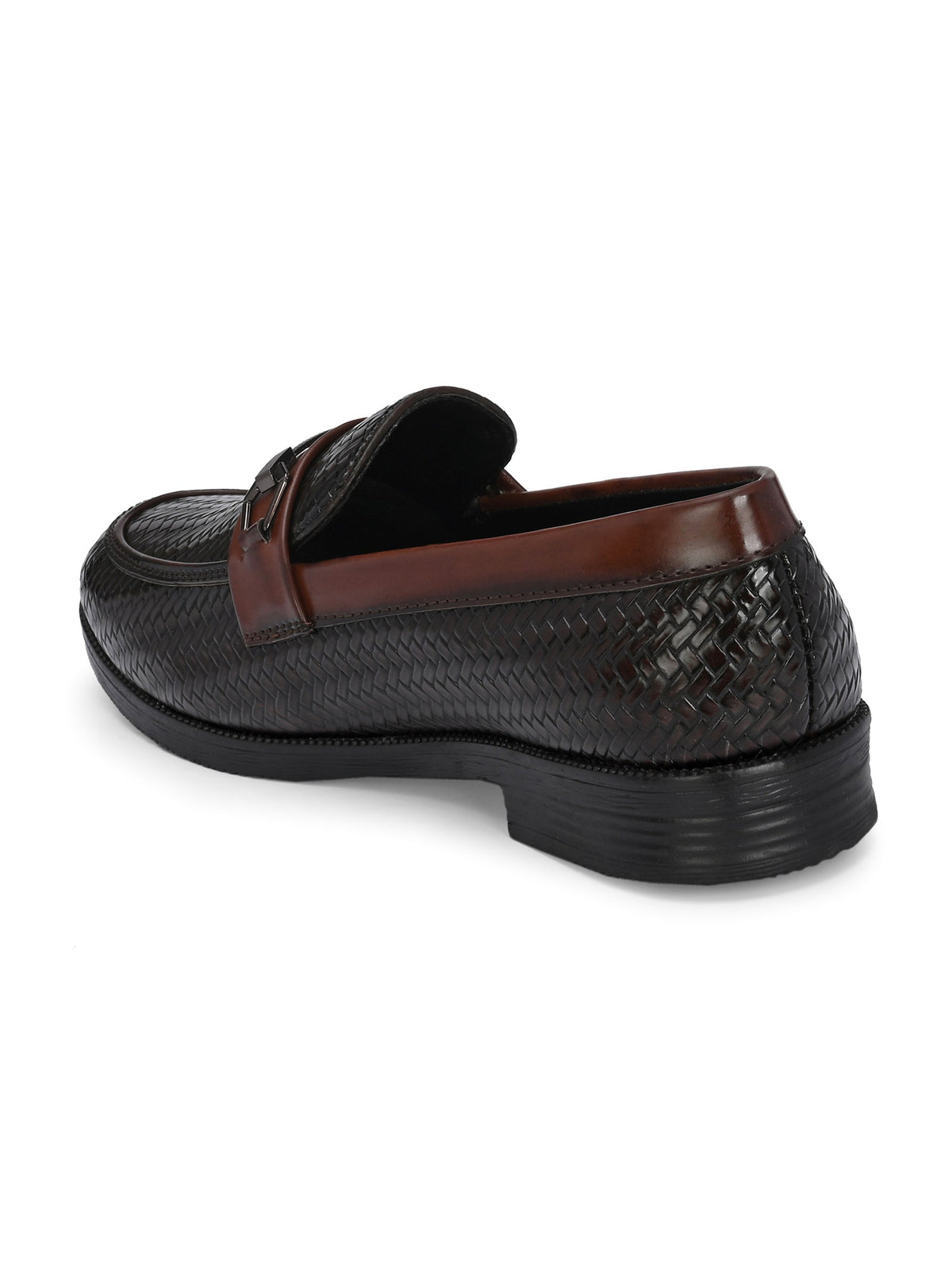 Brown Textured Block Heel Slip-On Loafer Shoes